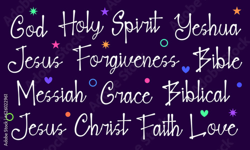 Collection of Christian words. Christian set of spiritual words. Purple background with graphic elements of texts and decorative figures