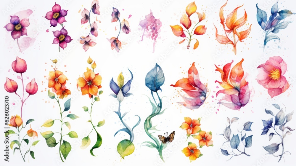 Watercolor illustration set flowers by hand draw isolated on white background.