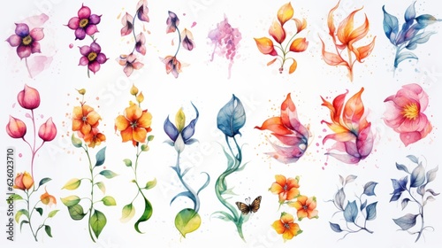 Watercolor illustration set flowers by hand draw isolated on white background.