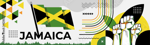 Jamaica flag for national day banner, green yellow black colors background and geometric abstract modern design. Jamaican flag independence day corporate business theme. Vector Illustration. photo