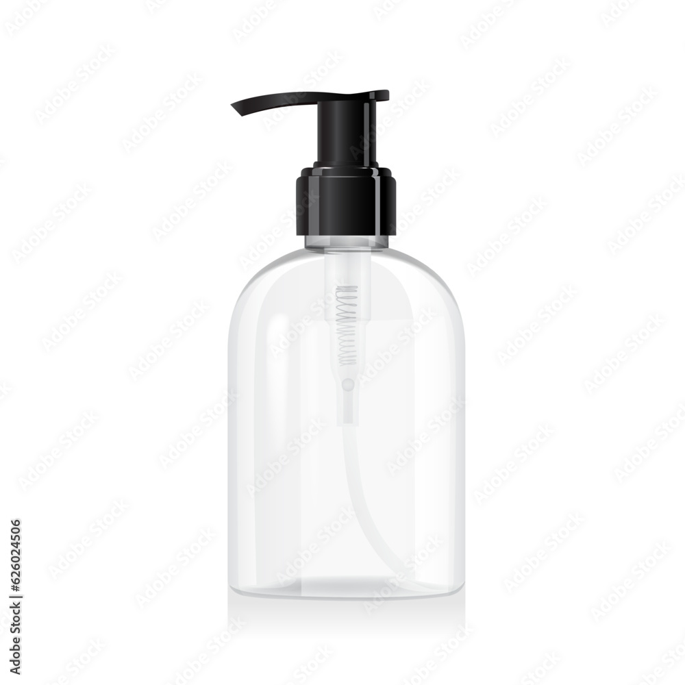 Blank clear glass bottle mockup with pump isolated on white background. Translucent plastic packaging. Realistic shampoo, sanitizer or liquid soap dispenser. 3d vector cosmetic bottle mockup template. Blank clear glass bottle mockup with pump isolated on white background. Translucent plastic packaging. Realistic shampoo, sanitizer or liquid soap dispenser. 3d vector cosmetic bottle mockup template.