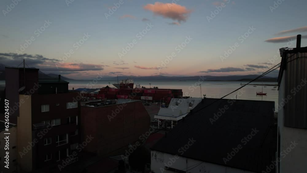 Aerial view of Ushuaia port at sunset, south of the world
