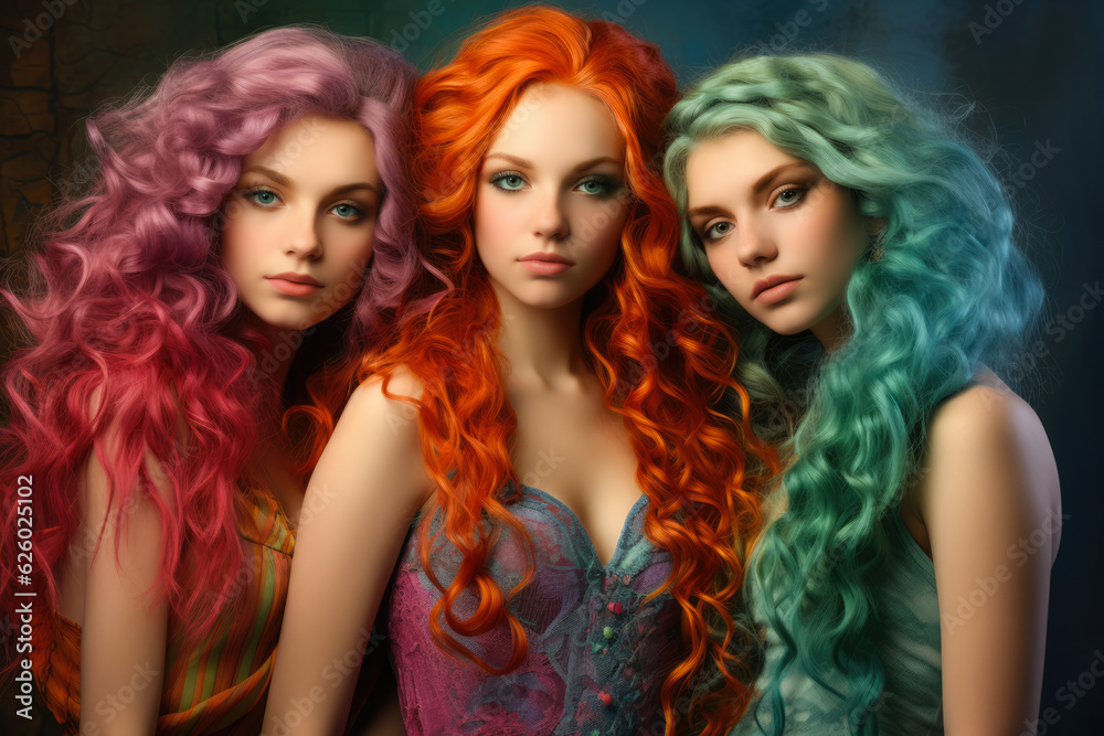 Naklejka premium Close up of three young girls with colored hair looking at the camera. Generative AI