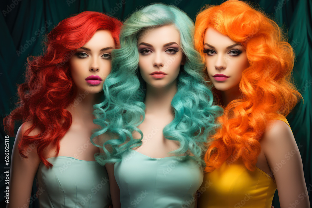Close up of three young girls with colored hair looking at the camera. Generative AI Close up of three young girls with colored hair looking at the camera. Generative AI