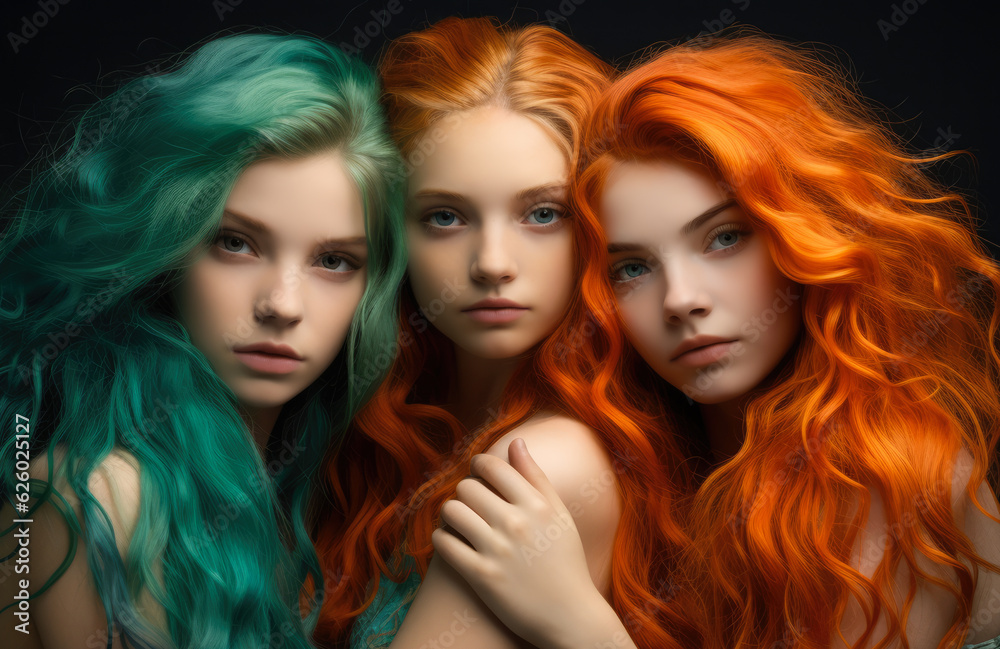 Close up of three young girls with colored hair looking at the camera. Generative AI