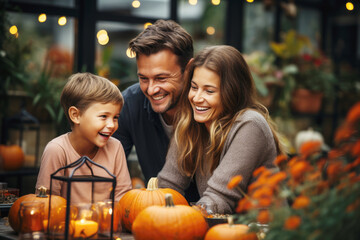 Happy smiling family spending time together, sitting at the table decorated with autumn pumpkins, outdoors in the backyard