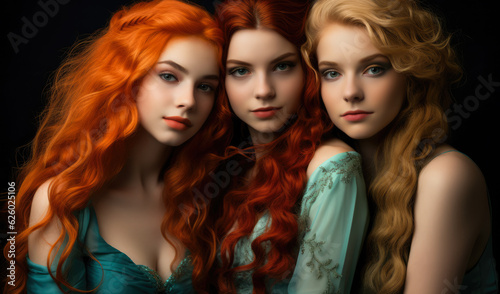 Close up of three young girls with colored hair looking at the camera. Generative AI