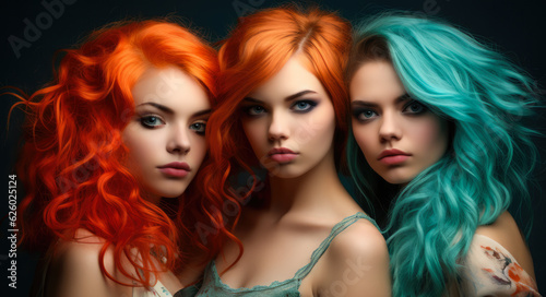 Close up of three young girls with colored hair looking at the camera. Generative AI © JuanM