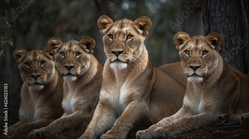 Lioness. Lionesses in the African Savanna. Beautiful Lionesses in the Golden Savanna. Female Lion in Savanna. Ai Generated Art. Made With Generative AI. © John Martin