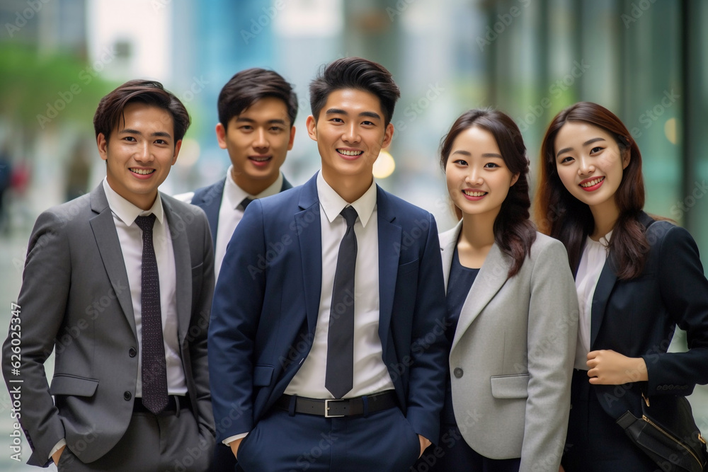 Confident Asian businesspeople in powerful poses, donning business suits, symbolizing a dynamic corporate team. Captivating unity and professionalism. generative AI. Confident Asian businesspeople in powerful poses, donning business suits, symbolizing a dynamic corporate team. Captivating unity and professionalism. generative AI.