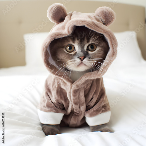 Cute tabby brown kitten wearing pajamas with hood