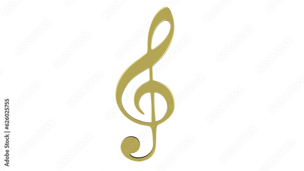 Golden treble clef or violin key isolated on white and transparent background. Music concept. 3D render Golden treble clef or violin key isolated on white and transparent background. Music concept. 3D render