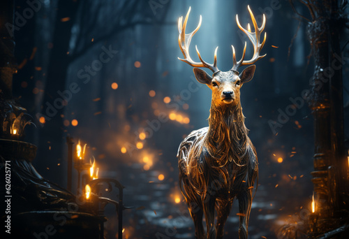 a deer with a glowing antler in the forest, in the style of mixes realistic and fantastical elements