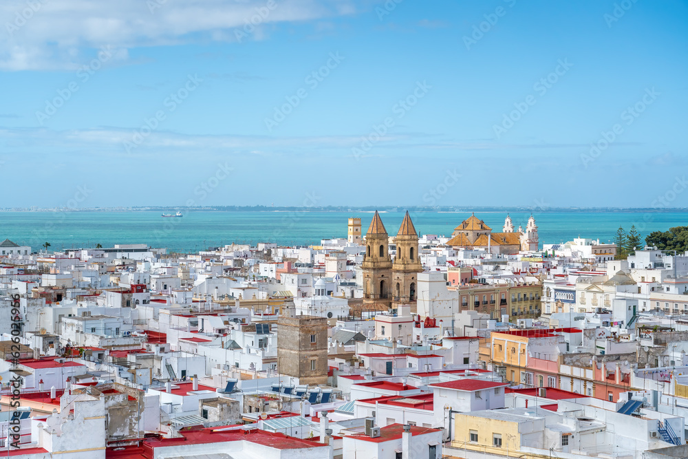 Obraz premium Aerial view of Cadiz with Church of San Antonio de Padua and Church of Nuestra Senora del Carmen - Cadiz, Andalusia, Spain