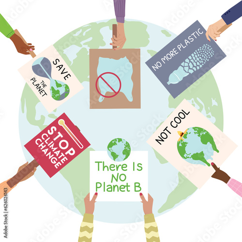 Protest strike against climate change and global warming. Set of hands with banners, placards in a circle. Save the planet, stop climate change, no plastic concept. Hand drawn vector illustration