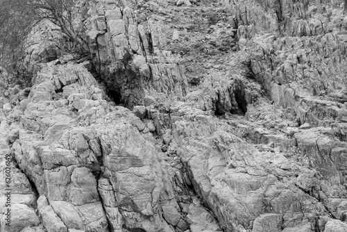 Rock Canyon texture black and white. Ras Al Khaimah, Wadi Naqab.