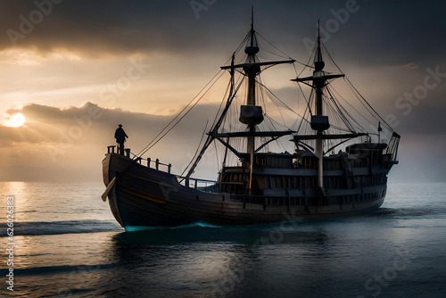 "Sunset Sail: Ship Silhouetted Against the Evening Sky"