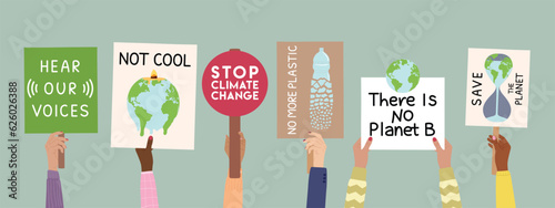 Protest strike against climate change and global warming. Set of human hands with eco banners, placards. Save the planet, stop climate change, no plastic concept. Hand drawn vector illustration