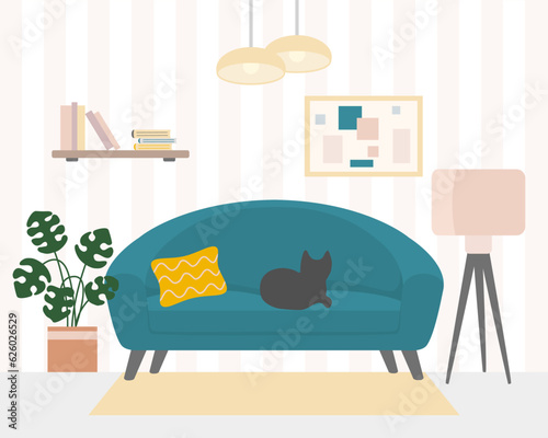 Living room interior with sofa, lamp, monstera plant, book shelf and painting, vector