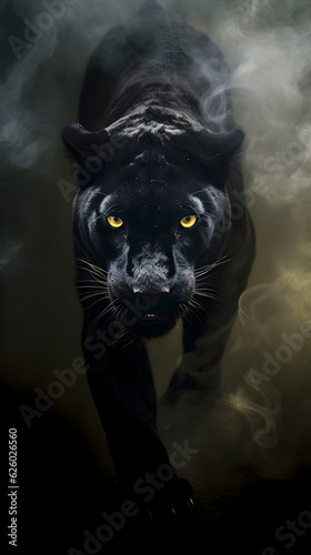A wild angry dangerous walking black panther head close-up shot