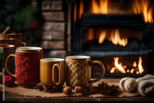 Warming and relaxing cups of tea near fireplace.