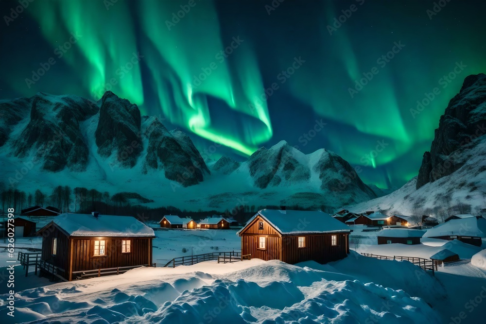 Beautiful green Aurora borealis over snowy mountains and houses