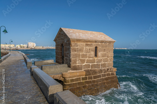 Guardhouse at walkway Paseo Fernando Quinones - access to Castle of San Sebastian - Cadiz, Andalusia, Spain