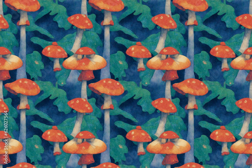 Seamless pattern with bunch of multicolored amanita fly-agaric. decorative painting style