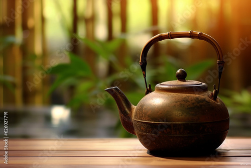 Japanese tea pot with blur bamboo background. generative ai