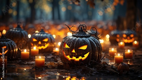 Halloween decorations with light and bokeh background. Halloween theme. generative ai. 