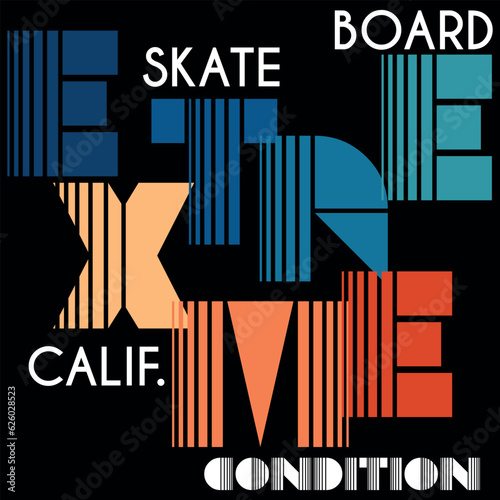 Illustration surf tropical  California Extreme Vibe Skate Board Force Cool Colors. spring summer Fashion style.