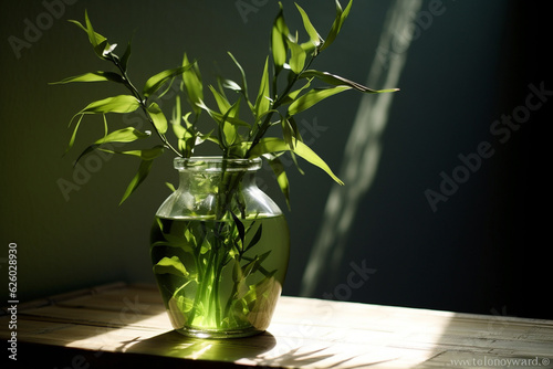 Green lucky bamboo Dracaena braunii, or Ribbon plant, belgian evergreen in glass water jar with shadow. generative ai photo