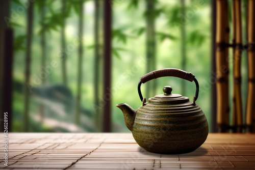 Japanese tea pot with blur bamboo background. generative ai