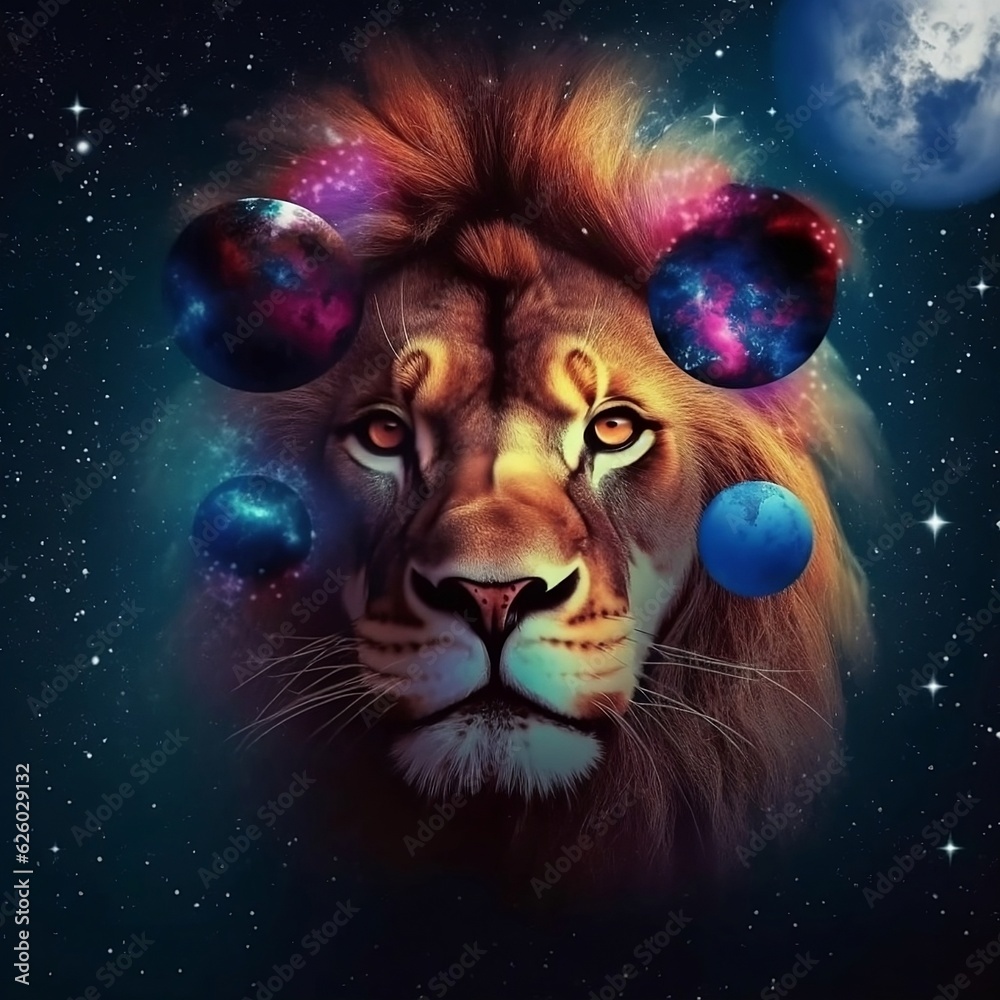 Lion, Lion in space, Colored lion, stars, lion in the stars