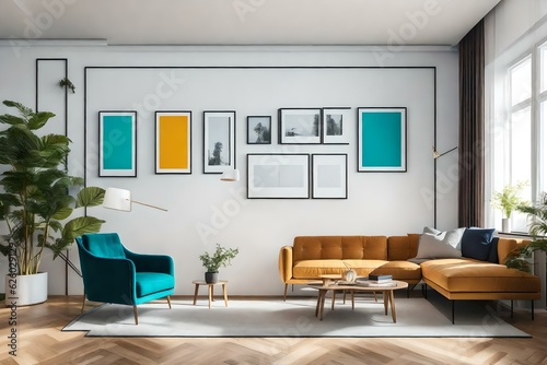 minimal design appartment  a wall with 2 or 3 picture frames  modern living-room  colourful furniture  perpendicular composition