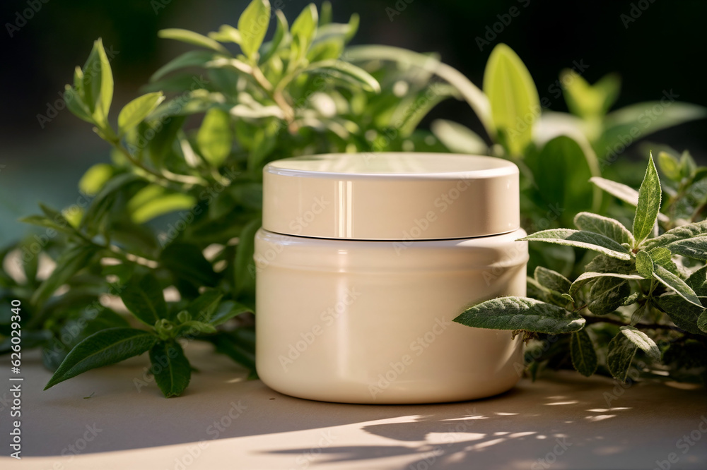 White Cosmetic jar surrounded by plants on a blue background White Cosmetic jar surrounded by plants on a blue background