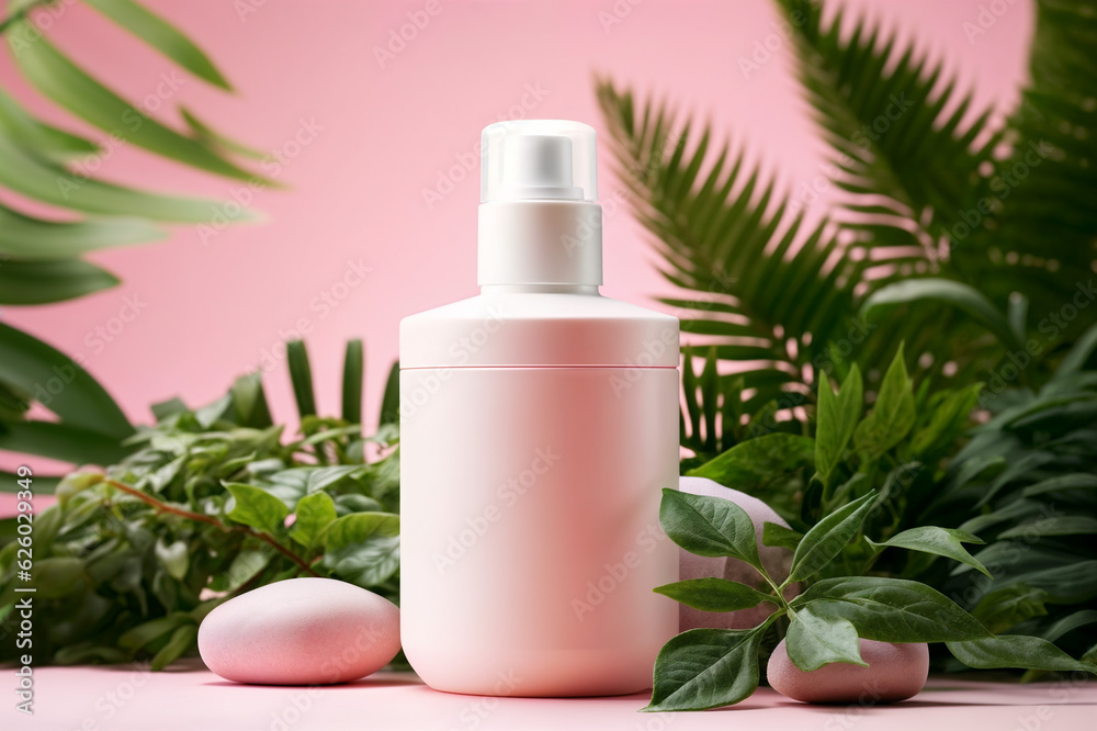 White Cosmetic bottle surrounded by plants on a pink background 