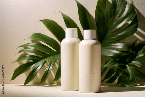 White Cosmetic bottles surrounded by plants on a beige background 