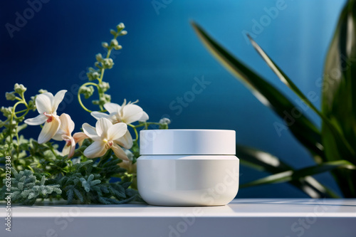 White Cosmetic jar surrounded by plants on a blue background 