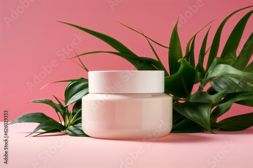 White Cosmetic jar surrounded by plants on a pink background 