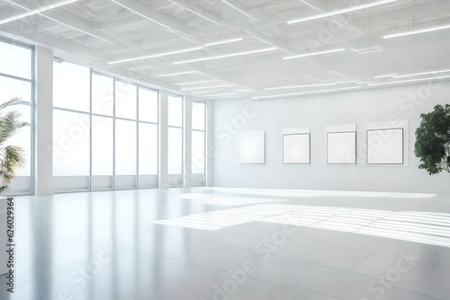 White art gallery interior with mock up posters