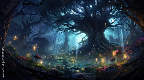 Hidden grove with an enormous tree, breathtaking forest landscape epic fantasy wallpaper, background