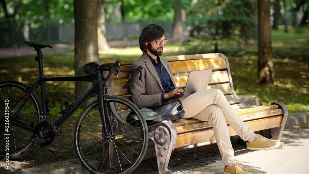 Businessman with laptop on vacation . Man freelance with computer Businessman with laptop on vacation . Man freelance with computer
