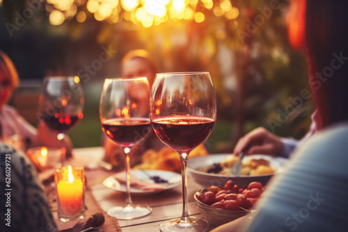 Happy friends and family having barbecue party in the backyard. Young people celebrating at dinner drinking red wine at sunset - Focus on wine glass  © Jasmina