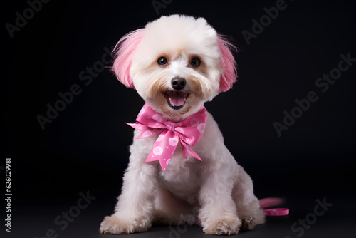 cute dog wearing a pink ribbon