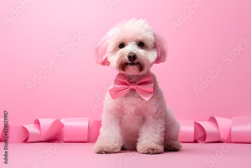 cute dog wearing a pink ribbon