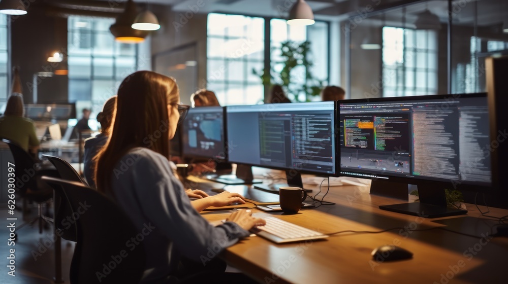 A scene showcasing a team of software developers coding, collaborating, and testing applications in a modern development environment
A scene showcasing a team of software developers coding, collaborating, and testing applications in a modern development environment