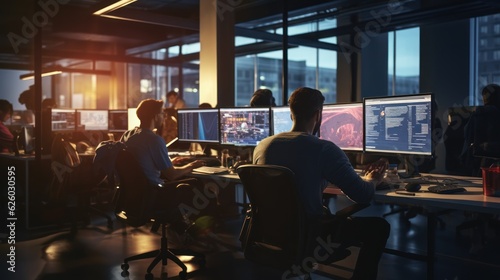 A scene showcasing a team of software developers coding, collaborating, and testing applications in a modern development environment 