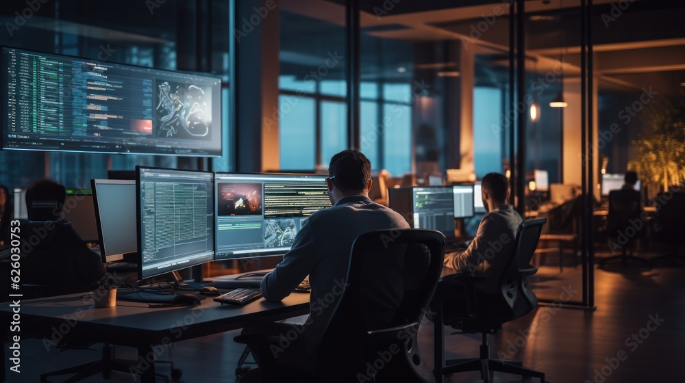 A scene showcasing a team of software developers coding, collaborating, and testing applications in a modern development environment
A scene showcasing a team of software developers coding, collaborating, and testing applications in a modern development environment