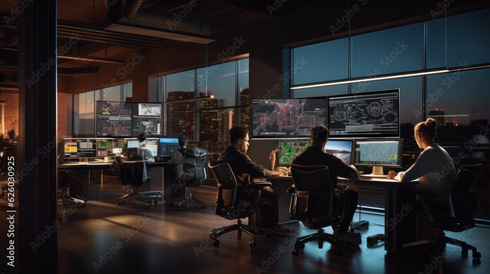 Fototapeta premium A scene showcasing a team of software developers coding, collaborating, and testing applications in a modern development environment 